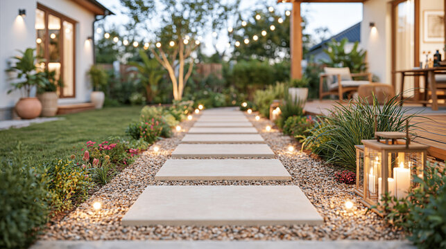 Illuminated Garden Path Leading To Patio
