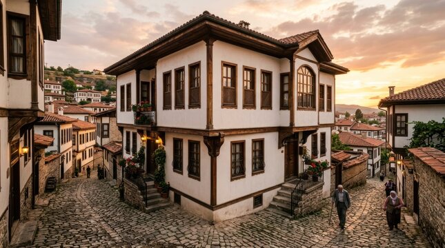 Historic Ottoman Mansions on Cobblestone Street at Sunset.