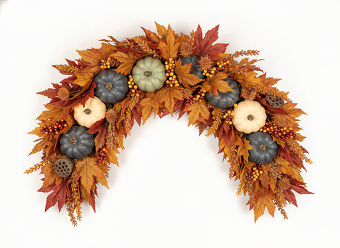 Autumn wreath with blue pumpkins and leaves isolated