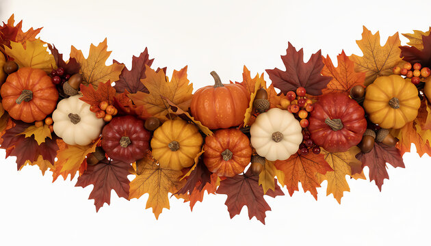Autumn garland with pumpkins and maple leaves isolated