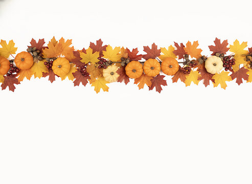 Long autumn garland with pumpkins and leaves isolated