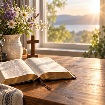 Open Bible with Cross and Flowers in Peaceful Morning Light