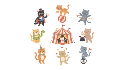 Fototapeta premium Cute cartoon circus cats performing magic tricks and balancing acts isolated vector illustrations collection bundle