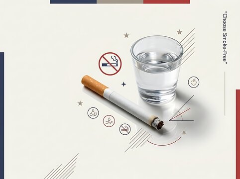 Unlit cigarette and glass of water with smoke-free icon and health symbols