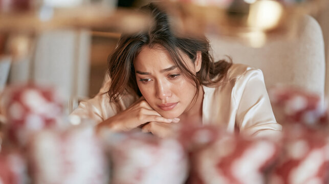 Distressed Woman Staring At Stacks Of Casino Chips