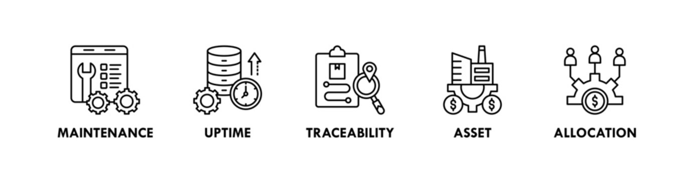 Smart Factory banner web icon illustration concept with icon of maintenance, uptime, traceability, asset, and allocation
