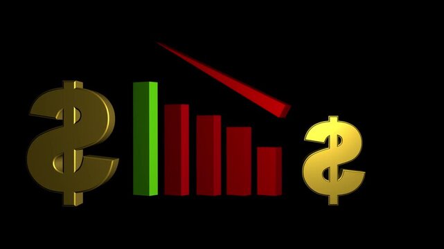 3D Financial Stock Market Bar Chart Showing Declining Trend with Gold Dollar Sign on Black Background