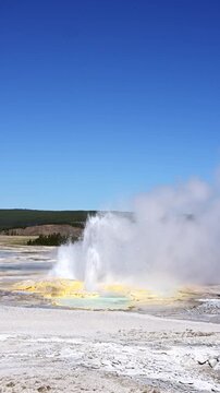 Clepsydra Geyser erupting with yellow minerals at base and small hot spring, sunny blue sky day, summer vacation at Yellowstone National Park viewing natural geothermal features
