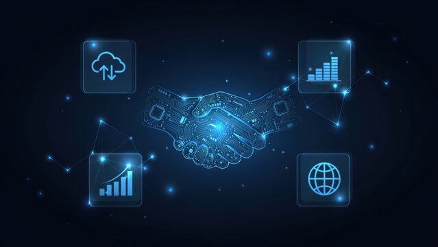 Futuristic digital handshake representing global business partnership and data connectivity with network nodes and analytics on dark background
