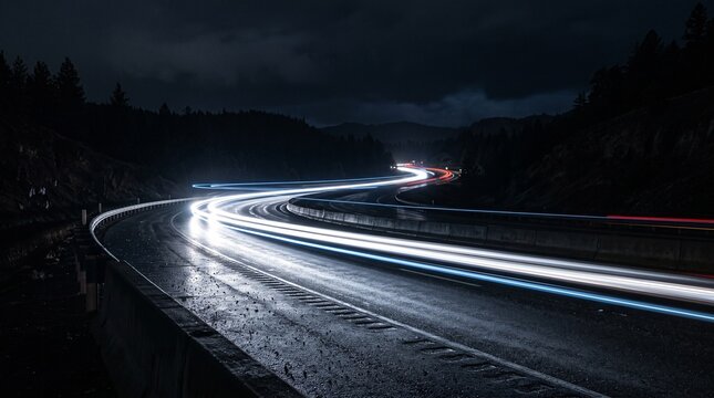 Car light trails on winding highway.
