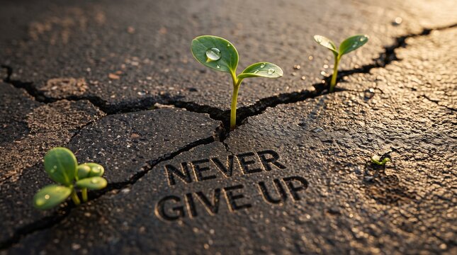 Green sprout emerges from road cracks
