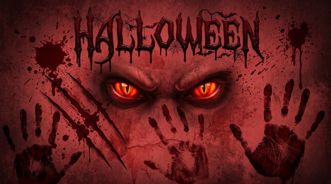 Scary monster eyes on red background
