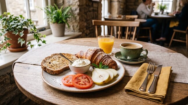 Breakfast served on a wooden table.
