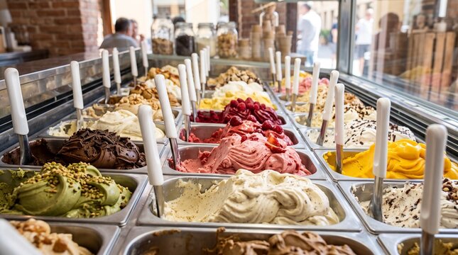 Various gelato flavors are displayed in a glass showcase.