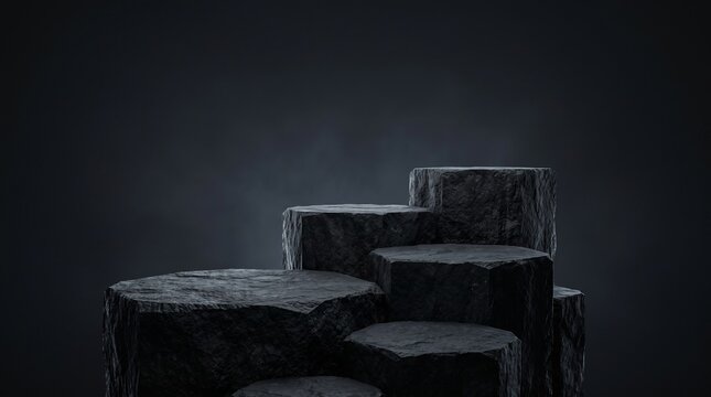 geometric stone display stands in darkness

