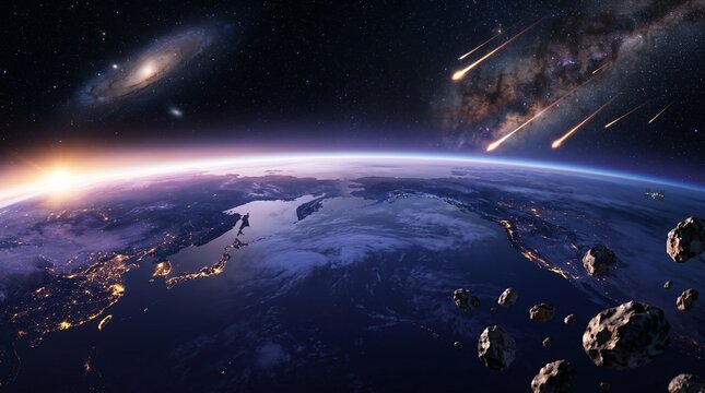 Meteor shower falling towards planet Earth.
