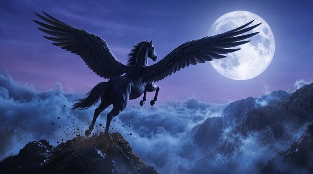 Black winged horse flying above mountains.

