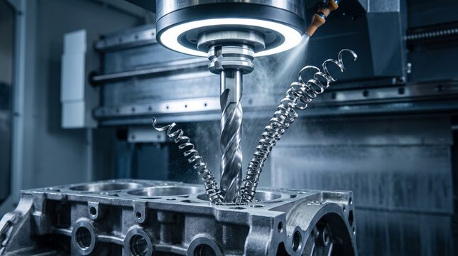 Industrial CNC machine drilling metal engine
