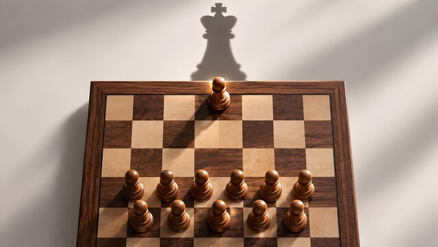 Strategic planning ambition concept wooden chess pawn facing row of opponent pawns casting king shadow