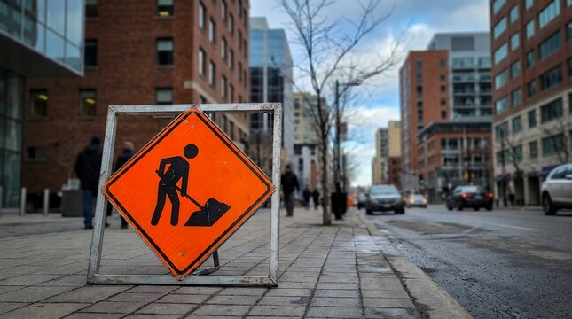 Orange construction warning sign featuring a silhouetted person digging with a shovel on a city sidewalk with buildings and traffic road work worker safety hazard detour urban