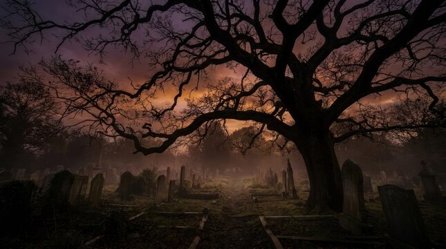 Gnarly old tree in misty graveyard at twilight.