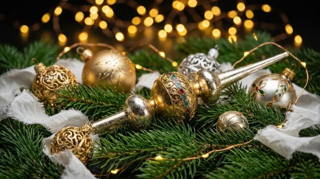 Gold and silver Christmas ornaments on green pine branches.