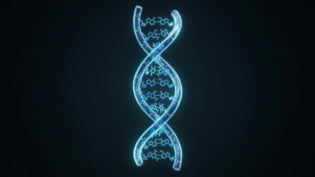 Detailed 3D visualization of a DNA double helix with glowing blue and cyan strands, isolated against a dark background for medical, biotechnology, genetics, and science concepts.