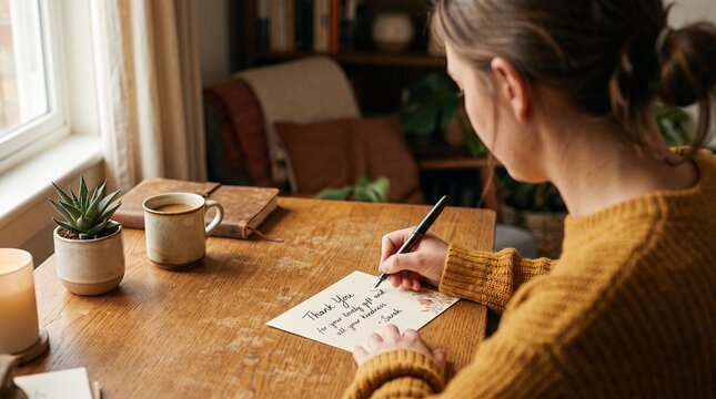 Woman writing a thank you card at a wooden desk by the window for World Kindness Day celebration and gratitude