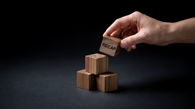 Hand placing a wooden block labeled recap onto a small stack against a solid black background