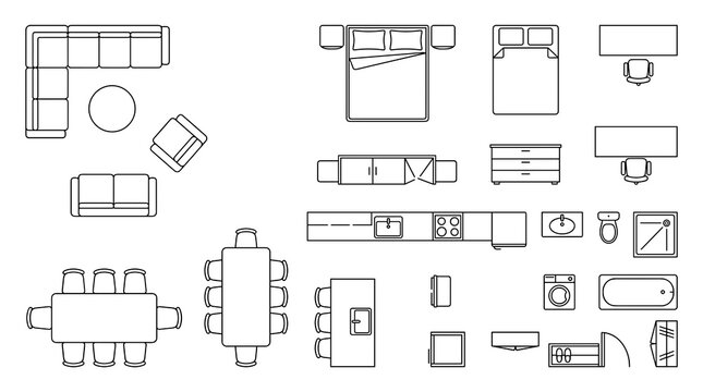 Apartment House Interior Floor Plan Icons with Top View Furniture Symbols for Living Bedroom Kitchen Bathroom and Architectural Layout Design