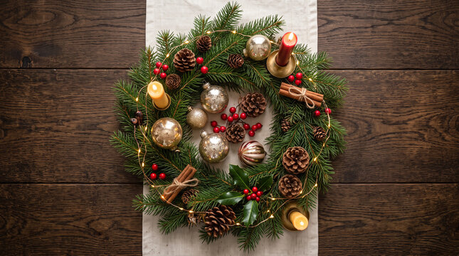 Top down flat lay of festive table runner with soft overhead ambient lighting