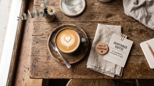 Flat lay of a cup of coffee with latte art and a suspended coffee note on a wooden table in a cafe during world kindness day, pay it forward and charity concept