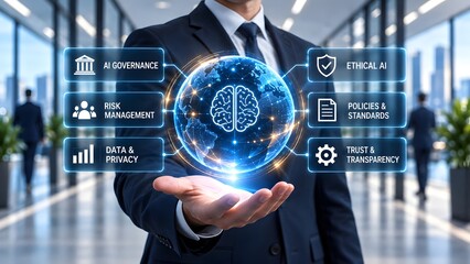 Obraz premium Business leader presenting ai governance framework hologram with risk management ethical standard and data privacy concept