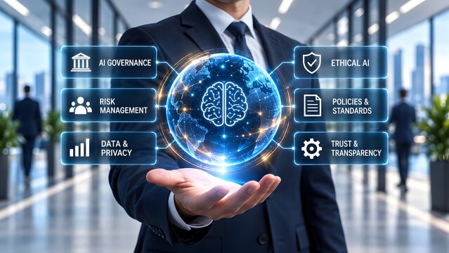 Business leader presenting ai governance framework hologram with risk management ethical standard and data privacy concept