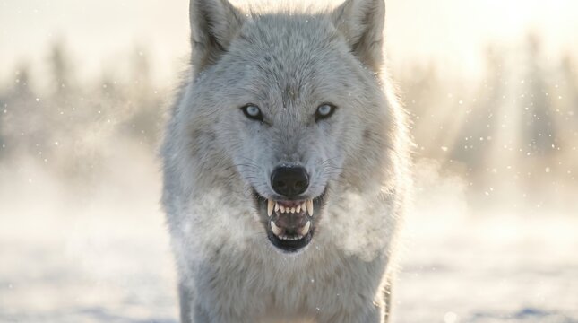 Fierce arctic wolf growling in snowy landscape with intense gaze and winter atmosphere