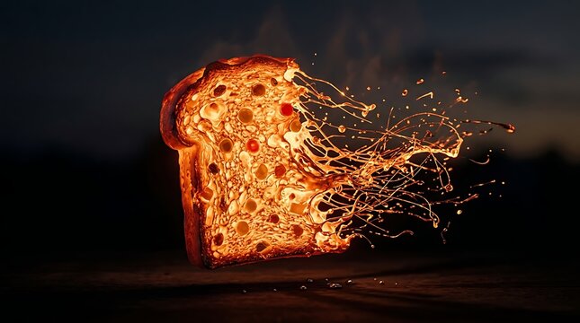 A slice of bread violently exploding with flames and sparks in a dark background