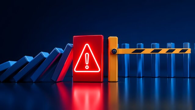 Yellow toll barrier and red warning block stopping falling blue dominoes representing risk management and access control