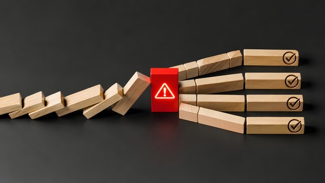Red warning block stopping falling wooden dominoes and dividing them into checklist arrows representing problem solving
