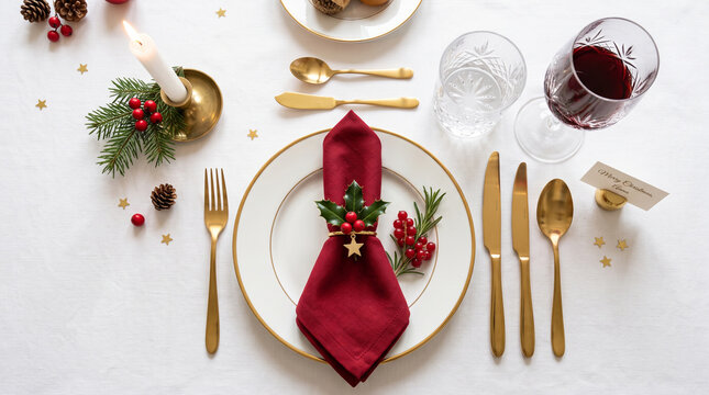 Bright overhead shot of gold cutlery and christmas place setting with natural soft light