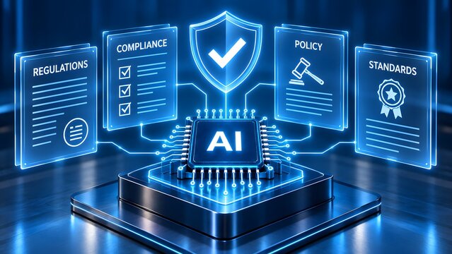 Artificial intelligence regulatory compliance concept with glowing AI microchip surrounded by digital panels for policy, regulations and standards