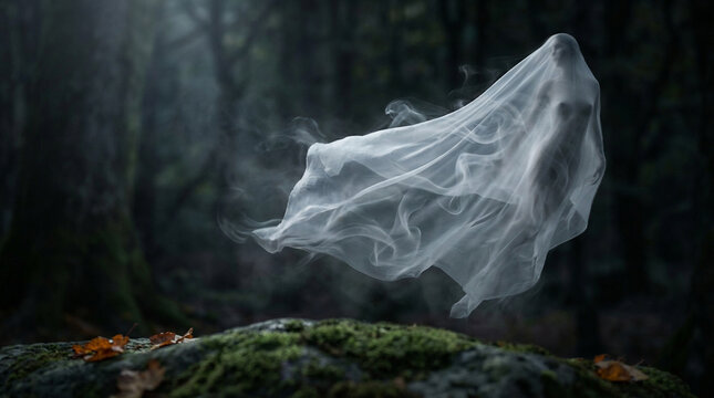 Ghost on Dark Background, Floating Phantom in White Sheet and Smoke at Night, Spooky Halloween Concept