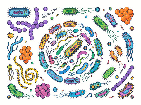 Set of colorful cartoon bacteria and microorganisms on a white background.