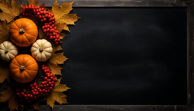 Autumn border with pumpkins and berries on black chalkboard