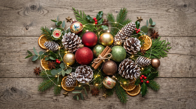 Flat lay view of holiday garland and baubles illuminated by soft festive fairy lights
