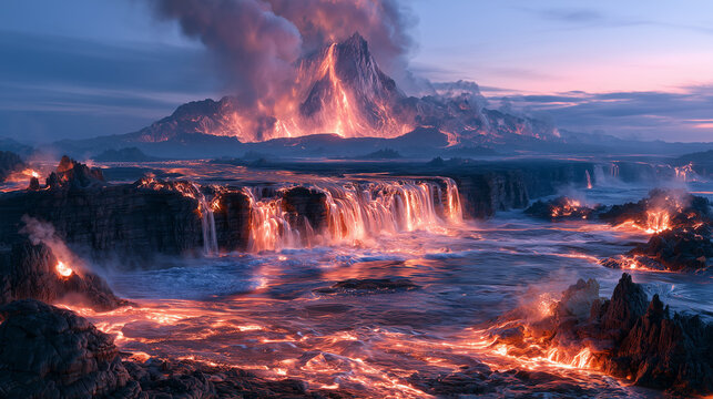 spectacular volcanic landscape where glowing molten lava pours over a massive black cliff like a fiery waterfall, enormous volcanic crater in the background, smoke rising into the night sky.