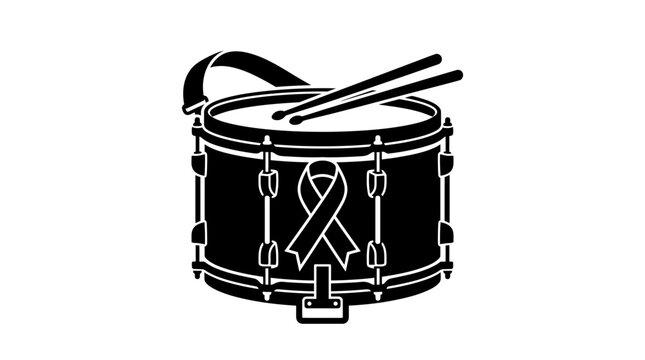 Black and white silhouette icon of a marching snare drum with a cancer awareness ribbon.