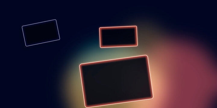 A dark scene shows overlapping neon-outlined rectangles with red-orange and blue-green glow, evoking futuristic dashboards and interactive UI layouts.