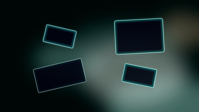 Floating outlined UI rectangles glow in cyan and green over a dark gradient, creating a crisp futuristic mood for technology marketing and app mockups.