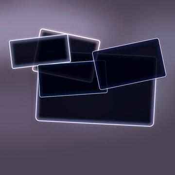 Stacked transparent neon-outlined rectangles shine over a soft purple haze, delivering a futuristic, playful energy for UI concepts and brand graphics.