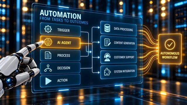 Robotic hand interacting with autonomous workflow automation interface displaying artificial intelligence process and system integration flowchart